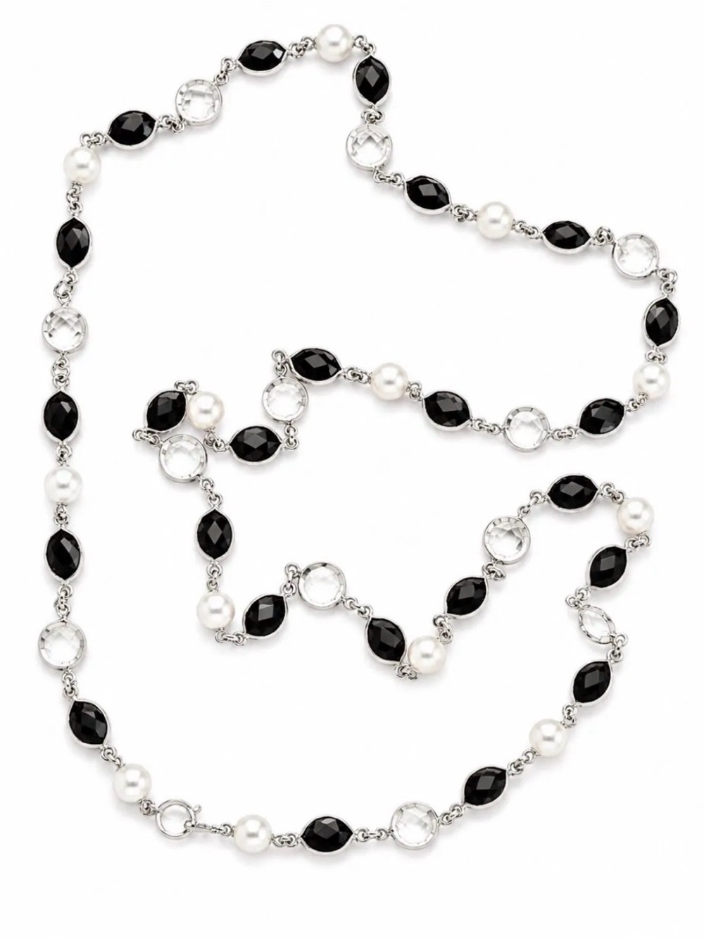 Vintage Bezel Crystal Filigree Link Pearl
Necklace Black